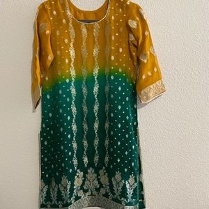 Yellow & green gradient 3 piece Silk woven dress